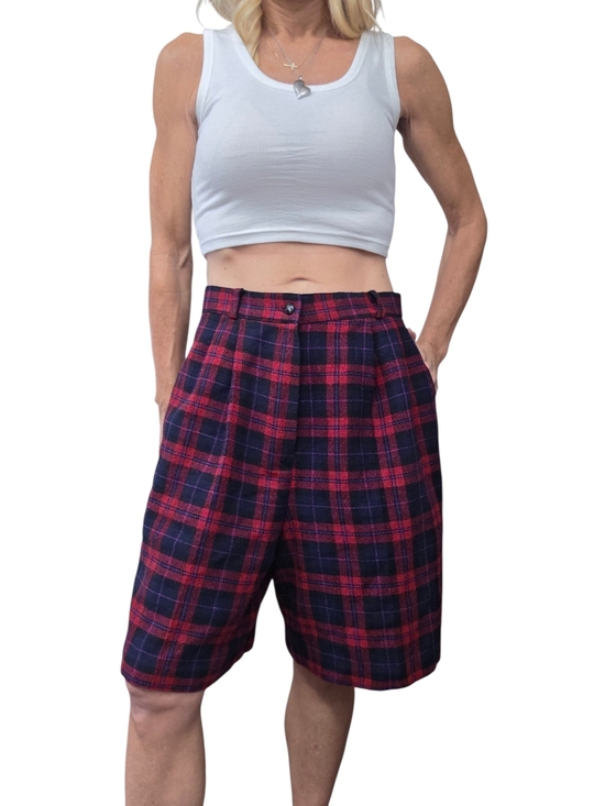 Source Unknown Pants - Vintage 80s Red Navy Plaid Wool Blend Pleated Bermuda Shorts 12 USA